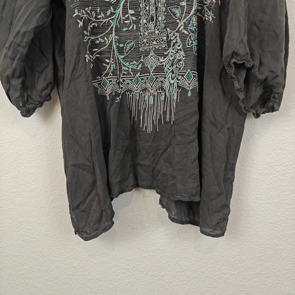 Johnny Was Grey Blue Embroidered Tunic Top, Size LG Bohemian Lagenlook Boho - Picture 4 of 14